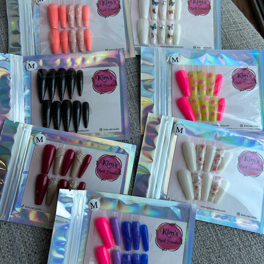 Handmade Press on Nails, Size Medium, Long Coffin